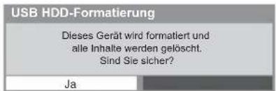 USB HDD-Formatierung Dieses Gerät wird formatiert und alle Inhalte werden gelöscht. Sind Sie sicher? Ja