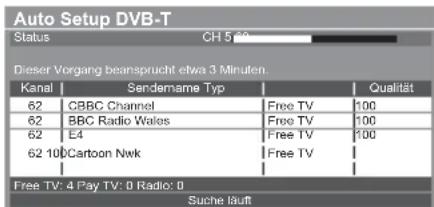 Auto Setup DVB-T Status CH 5:00 Dieser Vorgang beansprucht etwa 3 Minuten. Kanal Sendemame Typ Qualität 62 CBC Channel Free TV 100 62 BBC Radio Wales Free TV 100 62 E4 Free TV 100 62 100 Cartoon Nwk Free TV Free TV: 4 Pay TV: 0 Radio: 0 Suche läuft