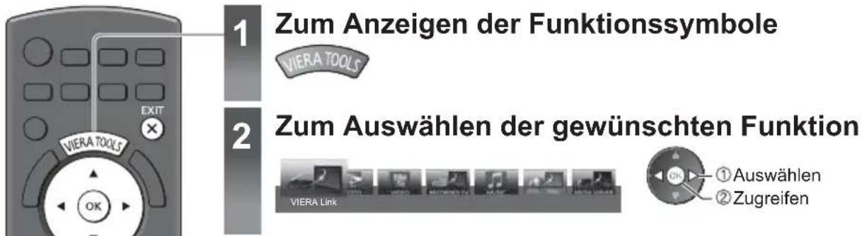 1 Zum Anzeigen der Funktionssymbole VIERA TOOLS 2 Zum Auswählen der gewünschten Funktion VIERA Link ①Auswählen ②Zugreifen