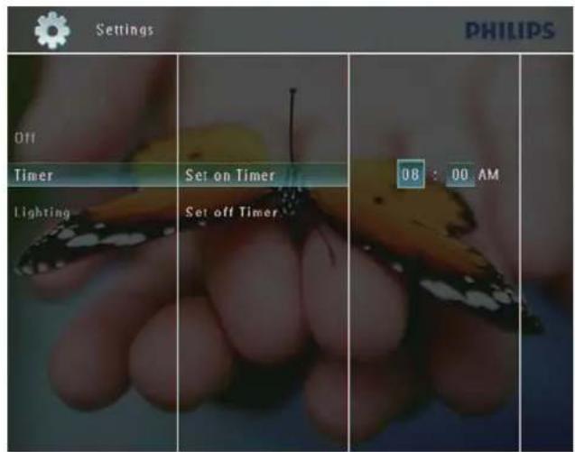 Settings PHILIPS Off Timer Set on Timer Lighting Set off Timer 08 : 00 AM