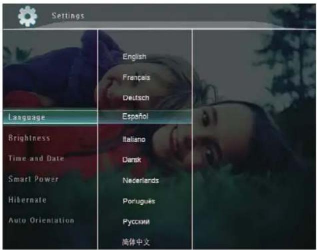 Settings English Français Deutsch Language Español Brightness Italiano Time and Date Dansk Smart Power Nederlands Hibernate Português Auto Orientation Русскими 简体中文