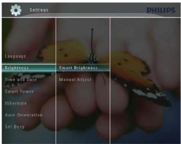 Settings PHILIPS Language Brightness Smart Brightness Time and Date Manual Adjust Smart Power Hibernate Auto Orientation Set Beep