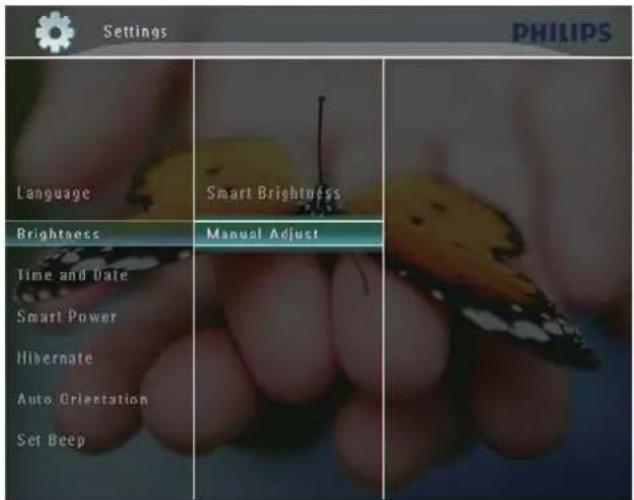Settings PHILIPS Language Smart Brightness Brightness Manual Adjust Time and Date Smart Power Hibernate Auto Orientation Set Beep