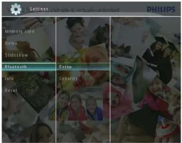 Settings: storage is virtually unlimited Memory card Demo Slideshow Bluetooth Setup Info Reset Security PHILIPS