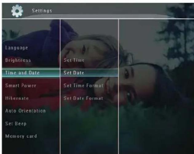 Settings Language Brightness Set Time Time and Date Set Date Smart Power Hibernate Set Time Format Set Date Format Auto Orientation Set Beep Memory card