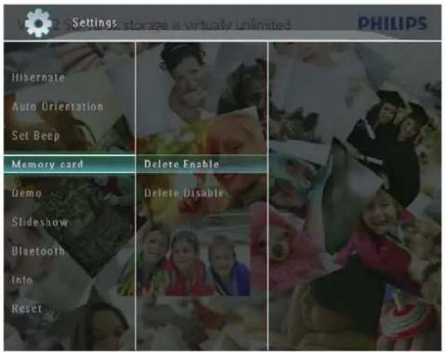 Settings: storage is virtually unlimited PHILIPS Hibernate Auto Orientation Set Beep Memory card Delete Enable. Demo Slideshow Bluetooth Info Reset
