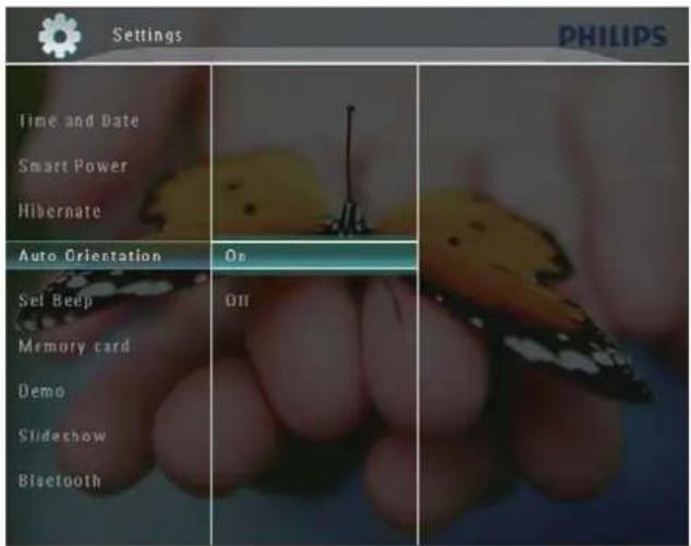 Settings PHILIPS Time and Date Smart Power Hibernate Auto Orientation O₆ Set Beep Memory card Demo Slideshow Bluetooth