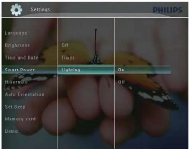 Settings PHILIPS Language Brightness Off Time and Date Timer Smart Power Lighting On Hibernate Auto Orientation Off Set Beep Memory card Demo