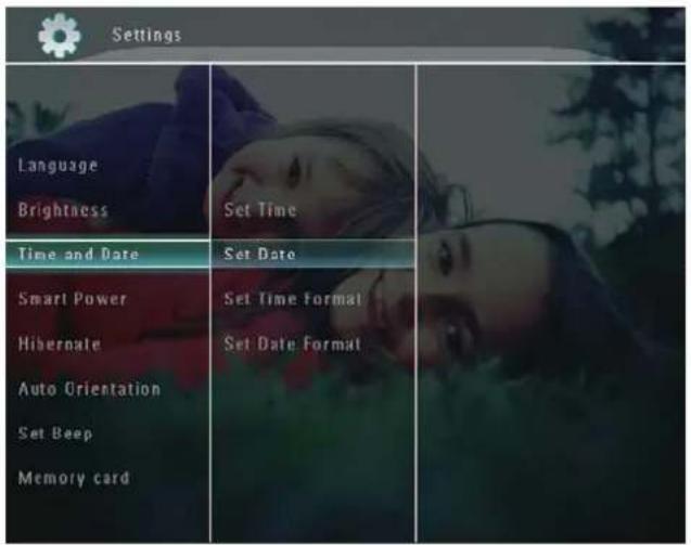 Settings Language Brightness Set Time Time and Date Set Date Smart Power Set Time format Hibernate Set Date Format Auto Orientation Set Beep Memory card