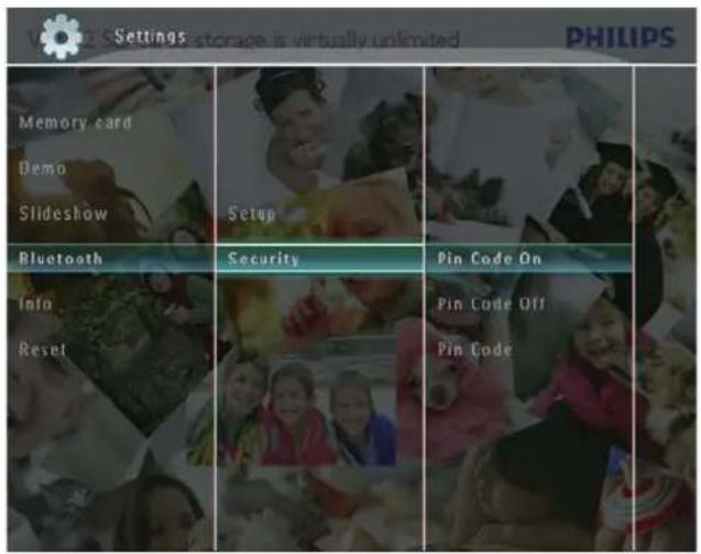 Settings storage is virtually unlimited PHILIPS Memory card Demo Slideshow Setup Bluetooth Security Pin Code On Info Reset Pin Code Off Pin Code