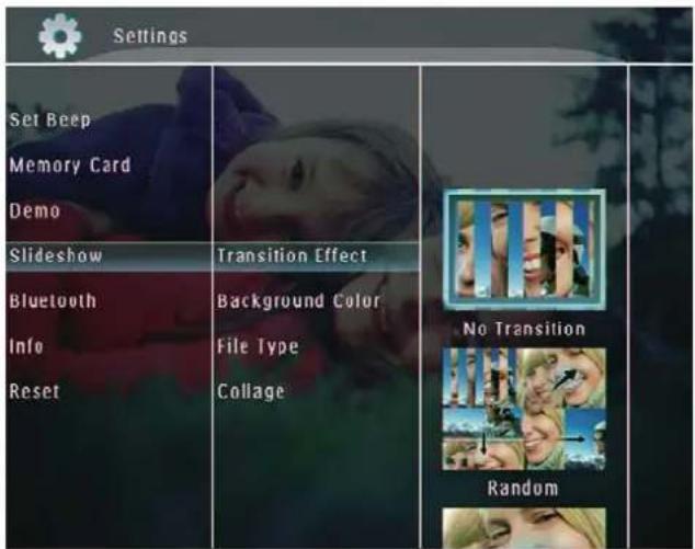 Set Beep Memory Card Demo Slideshow Transition Effect Bluetooth Background Color Info File Type Reset Collage No Transition Random