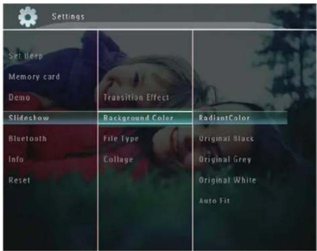 Settings Set Beep Memory card Demo Transition Effect Slideshow Background Color RadiantColor Bluetooth File Type Original Black Info Collage Original Grey Reset Auto Fit
