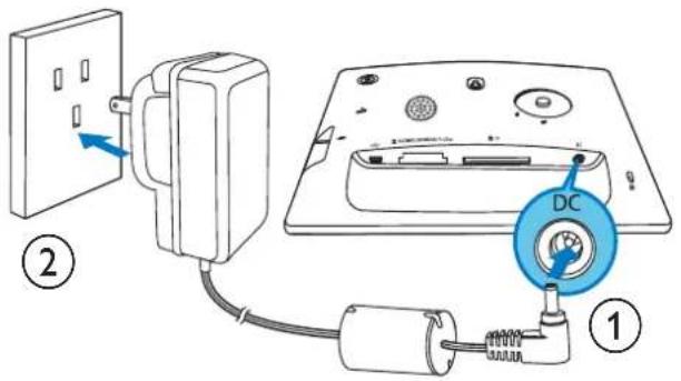 Diagram showing installation of a wall-mounted device with labeled components and a DC power outlet indicator.
