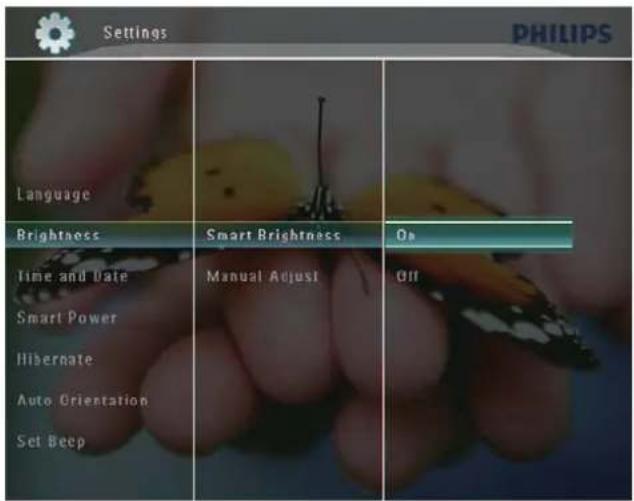 Settings PHILIPS Language Brightness Smart Brightness O# Time and Date Manual Adjust Off Smart Power Hibernate Auto Orientation Set Beep