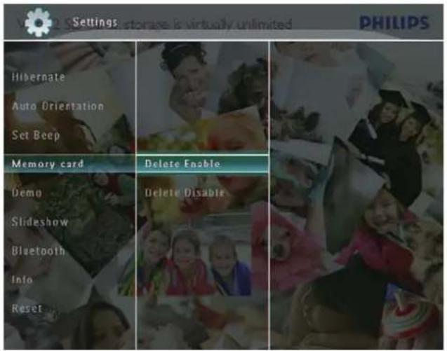 Settings: storage is virtually unlimited PHILIPS Hibernate Auto Orientation Set Beep Memory card Delete Enable Demo Slideshow Bluetooth Info Reset