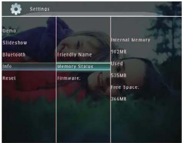 Settings Demo Slideshow Bluetooth Info Reset Friendly Name Memory Status Firmware: Internal Memory 902MB Used 535MB Free Space: 366MB