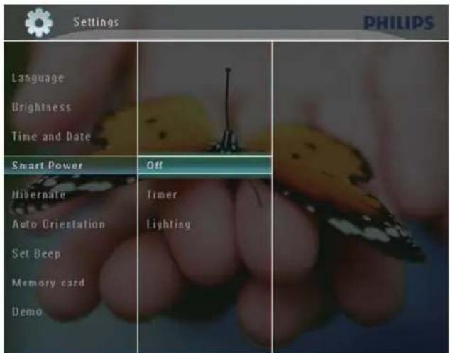 Settings PHILIPS Language Brightness Time and Date Smart Power Off Hibernate Timer Auto Orientation Lighting Set Beep Memory card Demo