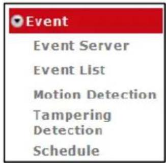 Event Event Server Event List Motion Detection Tampering Detection Schedule