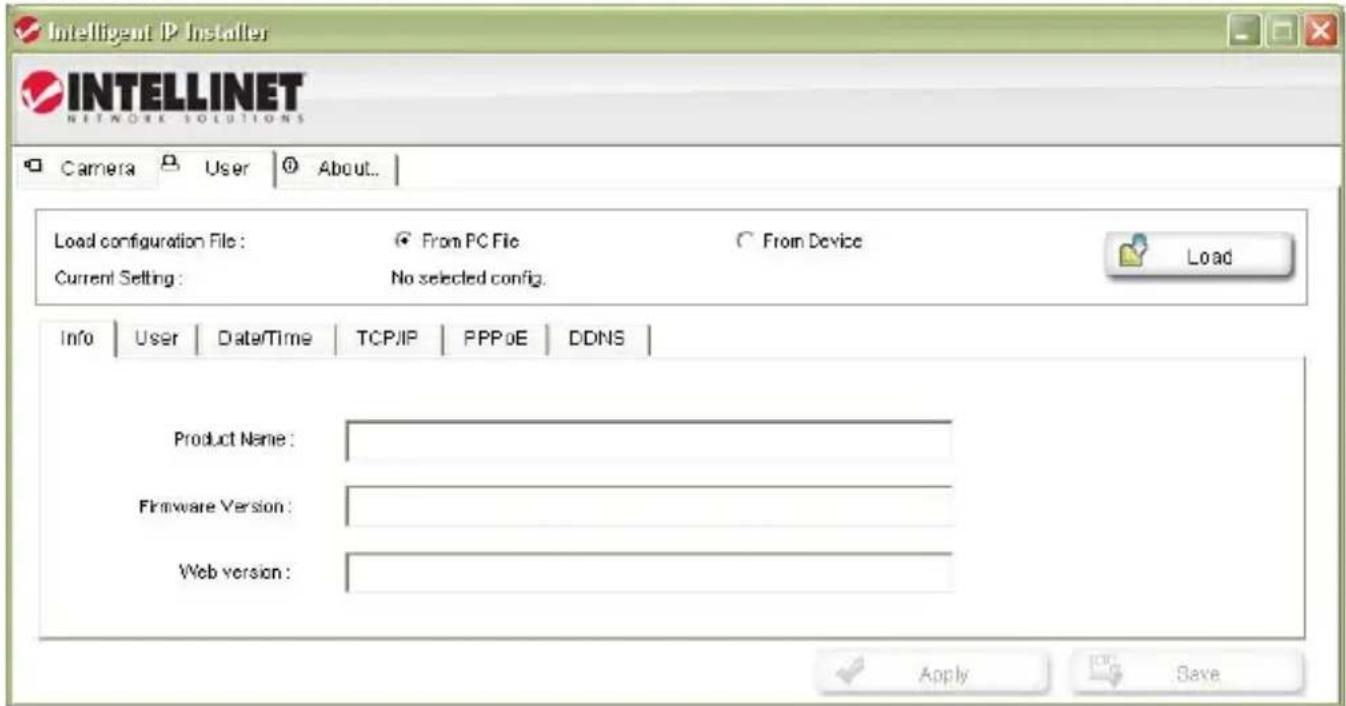 Intelligent IP Installer INTELLINET NETWORK SOLUTIONS Camera User About... Load configuration File: From PC File From Device Current Setting: No selected config. Load Info User Date/Time TCP/IP PPPoE DDNS Product Name: Firmware Version: Web version: Apply Save