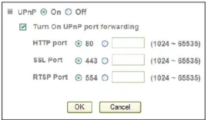 UPnP On Off Turn On UPnP port forwarding HTTP port 80 (1024 ~ 65535) SSL Port 443 (1024 ~ 65535) RTSP Port 554 (1024 ~ 65535) OK Cancel