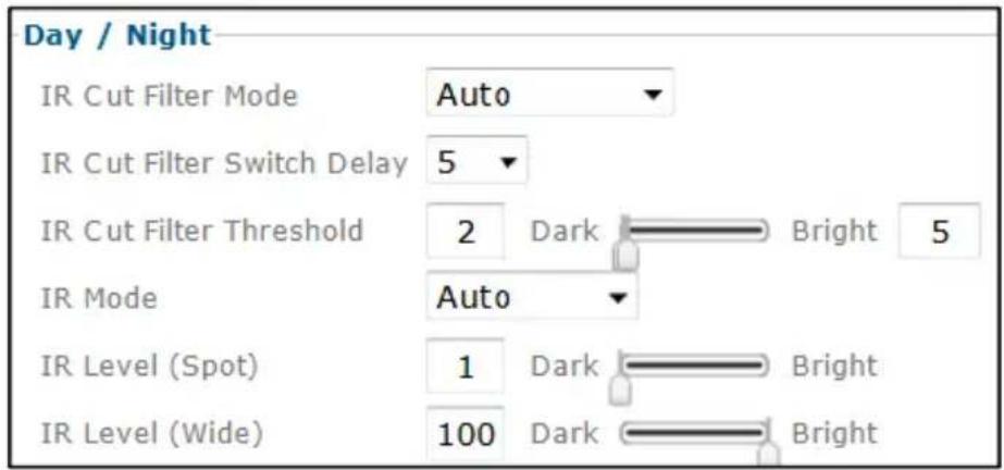 Day / Night IR Cut Filter Mode Auto IR Cut Filter Switch Delay 5 IR Cut Filter Threshold 2 Dark Bright 5 IR Mode Auto IR Level (Spot) 1 Dark Bright IR Level (Wide) 100 Dark Bright