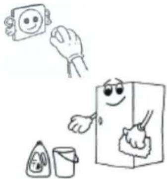 Cartoon illustration of a refrigerator with a smiley face, hand gesture, and two small items (no text or symbols)