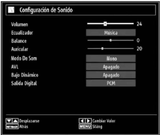 Configuración de Sonido Volumen 24 Ecualizador Música Balance 0 Auricular 20 Modo De Som Mono AVL Apagado Bajo Dinámico Apagado Salida Digital PCM Desplazarse Cambiar Valor RETBACK Atras MENU Stang