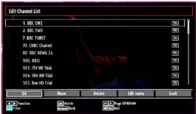 Edit Channel List 1. BBC ONE 2. BBC TWO 7. BBC THREE 70. CBBC Channel 80. BBC NEWS 24 105. BBC 503. ITV HD Trial 504. CB4 HD Trial 505. live HD Trial OK Move Delete Edit name Lock Function Cancel Watch Page UP/DOWN Filter Back Enter/Exit