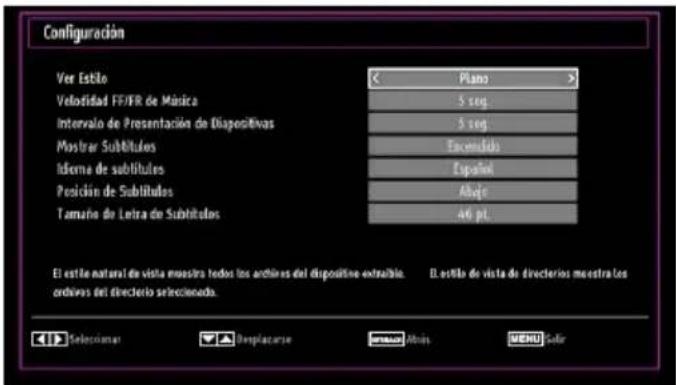 Configuración Ver Estilo < Piano > Velosidad FF/FR de Múnica 5 seg. Intervalo de Presentación de Diaperitivas 5 seg. Mostrar Subtitutos Encomisión Informe de subtítulos Español Posición de Subtitutos Abajo Tamaño de Letra de Subtitutos 46 pt. El estilo natural de vista muestra todos los archivos del dispositivo extraible. El estilo de vista de directrios muestra los archives del directorio seleccionado. Elastilla de vista de directrios muestra los archives del directorio seleccionado. Seclomar Desplacarse Abuja MENU Solar