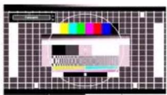 Color test image with RGB and grayscale color scale, showing a color calibration interface