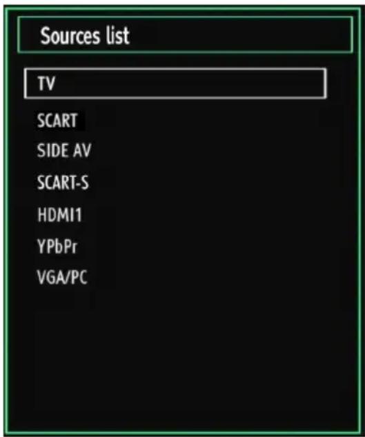 Sources list TV SCART SIDE AV SCART-S HDMI1 YPbPr VGA/PC