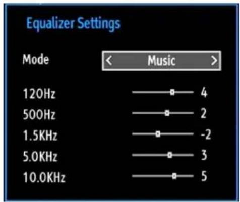 Equalizer Settings Mode < Music > 120Hz —— ● 4 500Hz —— ● 2 1.5KHz —— ● -2 5.0KHz —— ● 3 10.0KHz —— ● 5