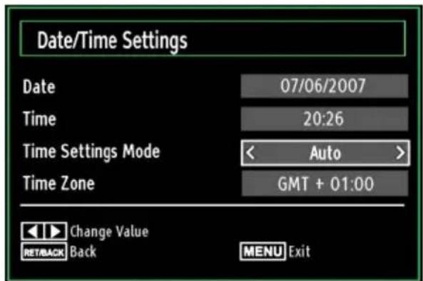 Date/Time Settings Date 07/06/2007 Time 20:26 Time Settings Mode < Auto > Time Zone GMT + 01:00 Change Value RETBACK Back MENU Exit