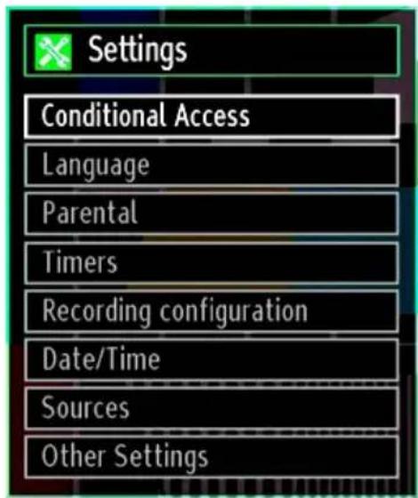 Settings Conditional Access Language Parental Timers Recording configuration Date/Time Sources Other Settings