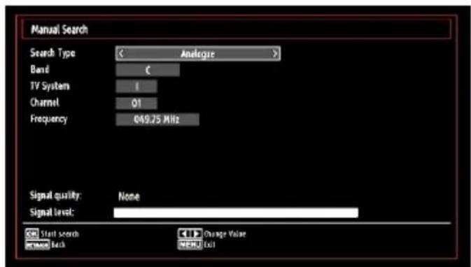 Manual Search Search Type: < Analogie > Band C TV System I Channel 01 Frequency 049.75 MHz Signal quality: None Signal Level: Start search Back Change Value MENU Exit