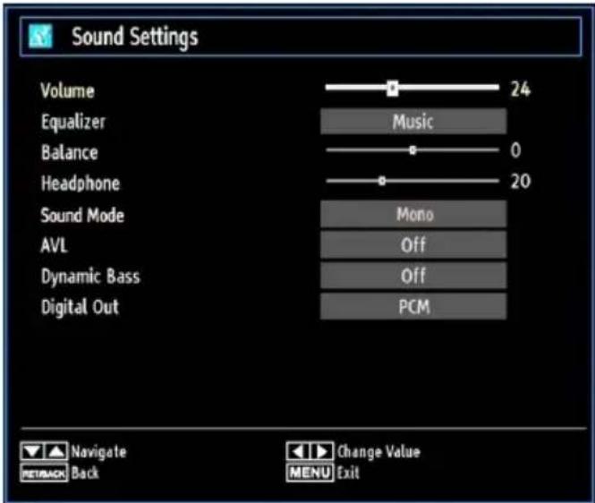 Sound Settings Volume 24 Equalizer Music Balance 0 Headphone 20 Sound Mode Mono AVL Off Dynamic Bass Off Digital Out PCM Navigate Back Change Value MENU Exit