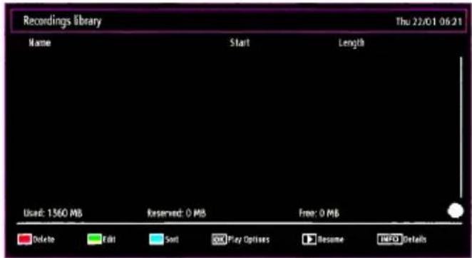 Recordings library Thu 22/01 06:21 Name Start Length Used: 1560 MB Reserved: 0 MB Free: 0 MB Delete Edit Sort Play Options Busome INFO Details