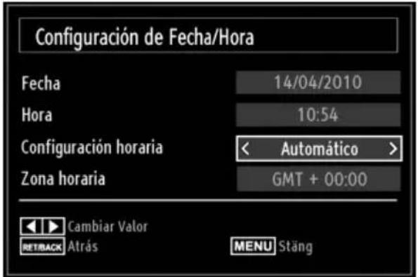 Configuración de Fecha/Hora Fecha 14/04/2010 Hora 10:54 Configuración horaria < Automático > Zona horaria GMT + 00:00 Cambiar Valor REBACK Atrás MENU Stäng