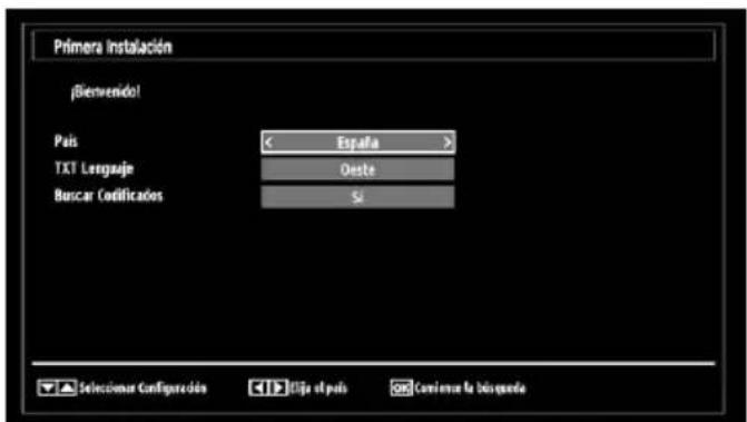 Primera Instalación ¡Bienwende! País España > TXT Lenguaje Oeste Buscar Codificados S₂ Seleccioner Configuración Elige el país Concurrente la bluestada