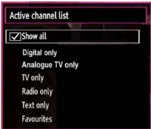 Active channel list ✓Show all Digital only Analogue TV only TV only Radio only Text only Favourites