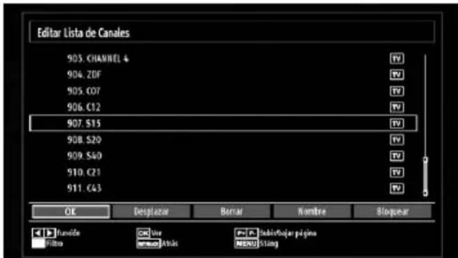 Editor Lista de Canales 903 CHANNEL 4 904. ZDF 905. C07 906. C12 907. S15 908. S20 909. S40 910. C21 911. C43 OK Desplazo Burnar Nombre Bloqueur Tranide Filtro View Atriais P- P Salar/Lojar página MENU String