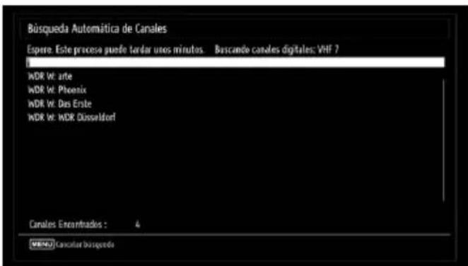 Búsqueda Automática de Canales Espere: Este proceso puede tardar unos minutos. Buscande canales digitales: VHF 7 WDR W: arte WDR W: Phoenix WDR W: Des Erste WDR W: MDR Düsseldorf Canales Encarrados : 4 (VEND) Cancular busqueada