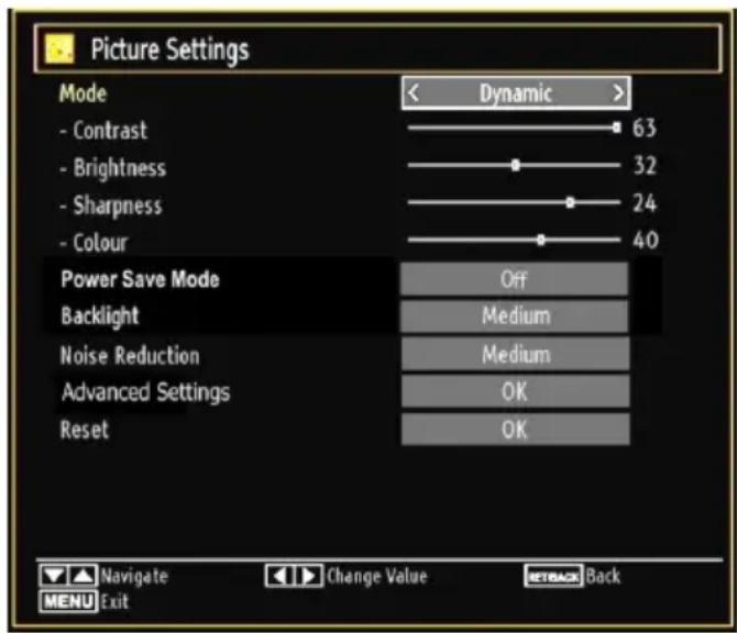 Picture Settings Mode - Contrast - Brightness - Sharpness - Colour Power Save Mode Backlight Noise Reduction Advanced Settings Reset < Dynamic > 63 32 24 40 Off Medium Medium OK OK Navigate Change Value ETBACK Back MENU Exit