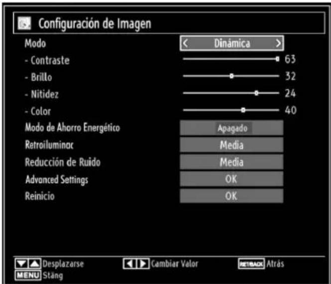 Configuración de Imagen Modo - Contraste - Brillo - Nitidez - Color Modo de Ahorro Energético Retroiluminoc Reducción de Ruido Advanced Settings Reinicio < Dinámica > 63 32 24 40 Apagado Media Media OK OK Desplazarse Cambiar Valor RETBACK Atrás MENU Stang