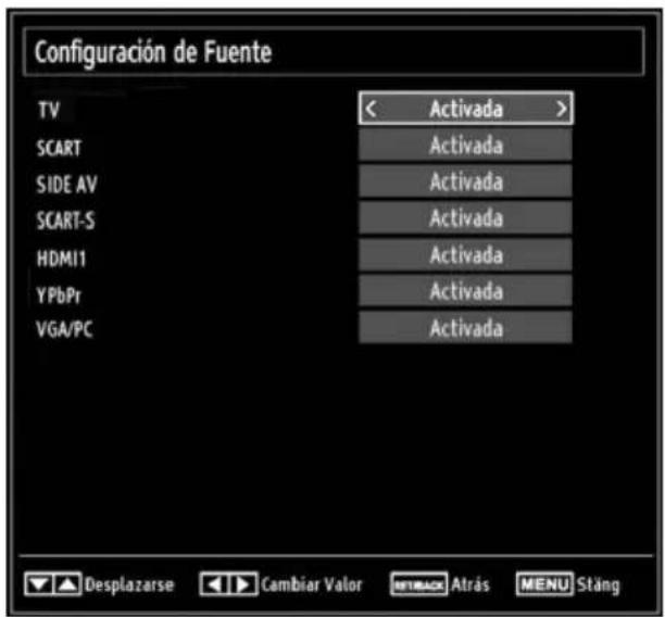 Configuración de Fuente TV < Activada > SCART Activada SIDE AV Activada SCART-S Activada HDMI1 Activada YPbPr Activada VGA/PC Activada Desplazarse Cambiar Valor RetBACK Atrás MENU Stäng