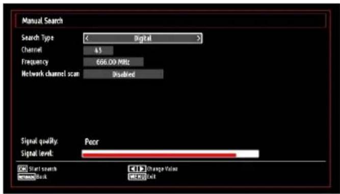 Manual Search Search Type: < Digital > Channel 45 Frequency 666.00 MHz Network channel scan Disabled Signal quality: Poor Signal level: Start search Change Value Start Book MERD Exit