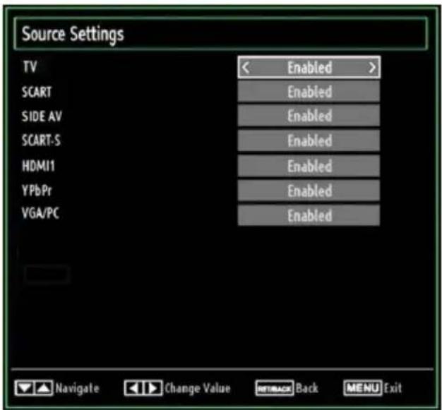 Source Settings TV SCART SIDE AV SCART-S HDMI1 YPbPr VGA/PC < Enabled > Enabled Enabled Enabled Enabled Enabled Enabled Navigate Change Value Back MENU Exit
