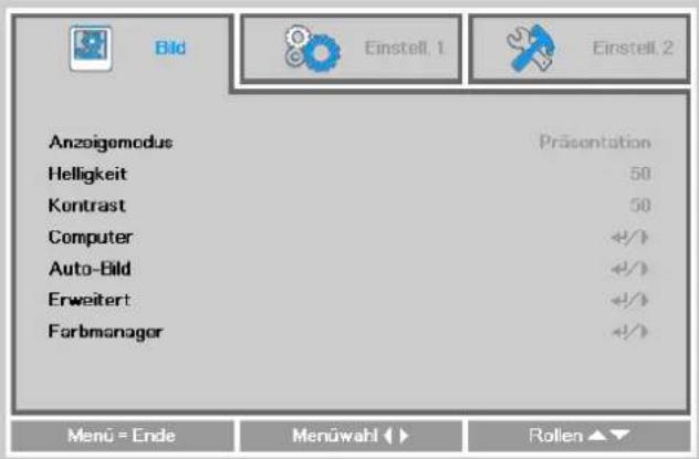 Bild Einstell. 1 Einstell. 2 Anzoigemodus Präsentation Helligkeit 50 Krontrast 50 Computer +/+ Auto-Bild +/+ Erweitert +/+ Farbmanager +/+ Menu = Ende Menüwahl ▶▶ Rollen ▶▼