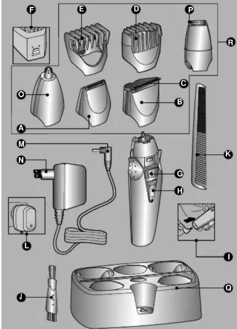 Technical diagram of a hairbrush and comb with labeled parts from F to Q, showing various designs and accessories.