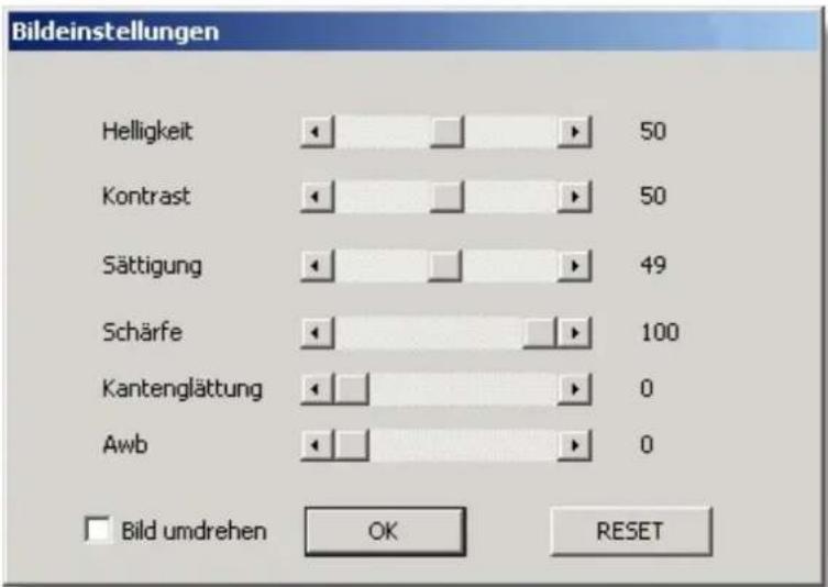 Bildeinstellungen Helligkeit 50 Kontrast 50 Sättigung 49 Schärfe 100 Kantenglättung 0 Awb 0 □ Bild umdrehen OK RESET